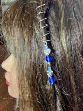 Blue Faceted & Silver Colored Hearts Beaded Wire Spiral Hair Twist
